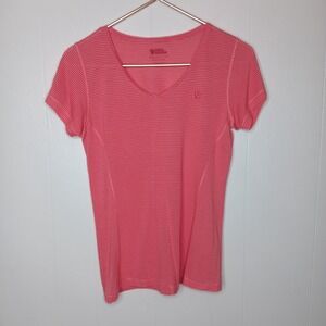 FjallRaven Abisko Cool T-Shirt Women M Pink Striped V-Neck Trekking Short Sleeve